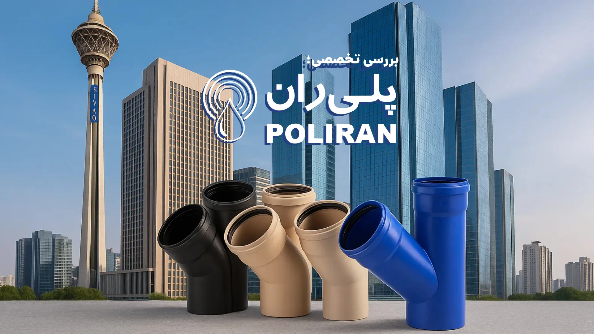 تصویر ساختمان های بلند و برج میلاد تهران و چهار عدد سه راهی فاضلاب با رنگ های کرم و سیاه و آبی با نوشته پلیران